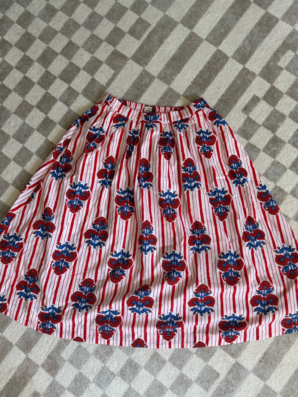 J. Crew Factory White Midi Skirt with Red & Blue Floral Stripes